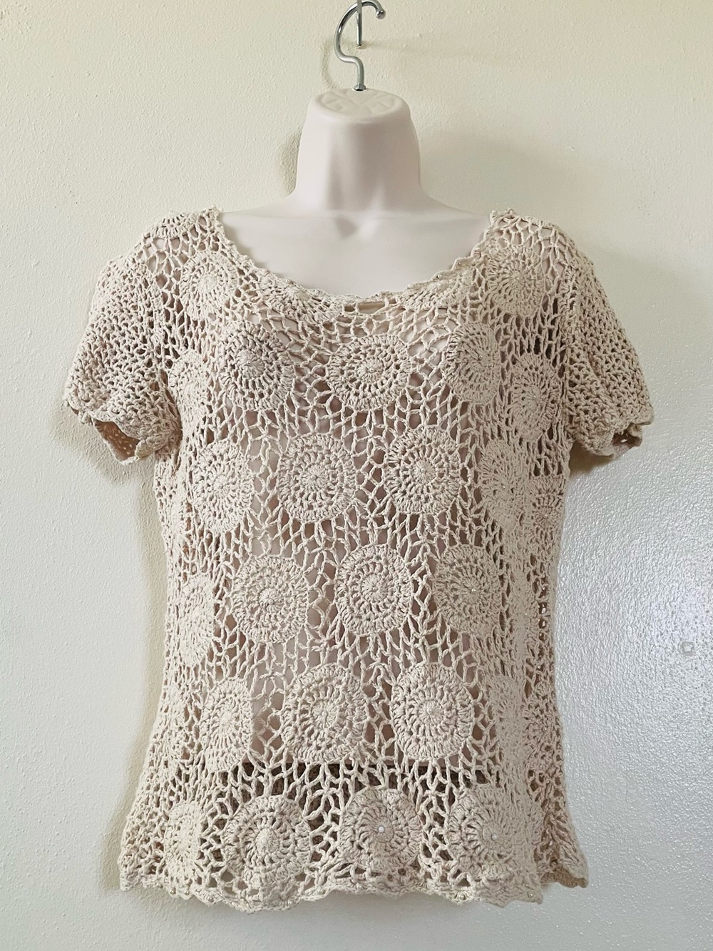Crochet Short Sleeve Knit Top — Cream